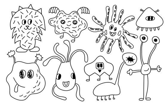Set of childish cute hand drawn monsters stickers. Perfect for kids bedroom, nursery decoration, posters and bedroom, school wall decorations.