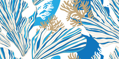 Fototapeta na wymiar Modern seamless pattern on the marine theme. Blue algae and corals on a white background. Vector illustration. Can be used for fabric, textile, manufacturing, wallpapers.