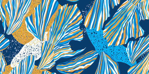 Fashionable seamless pattern. Algae and corals on a blue background. Abstract marine ornament. Vector illustration.
Can be used for fabric, textile, manufacturing, wallpapers.