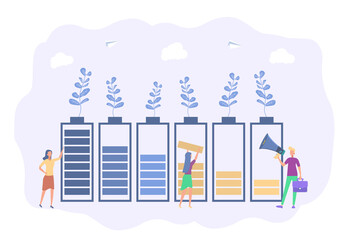 Discharged power sources, various state of battery charging. People charge a smartphone, laptop, tablet. Colorful vector illustration.