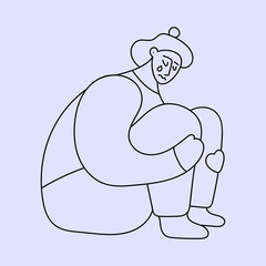 Girl sitting on the floor and crying. Concept about depression and anxiety. Vector outline illustration.