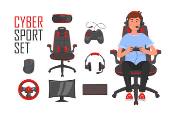 Cyber Sport set. eSports gaming icons with young gamer sitting in chair and playing video game. Vector cartoon illustration. - obrazy, fototapety, plakaty