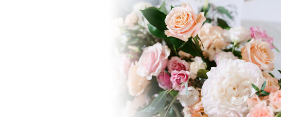 Wedding flower arrangements and decorations. Empty copyspace with white background and space for text. Holiday accessories and backgrounds