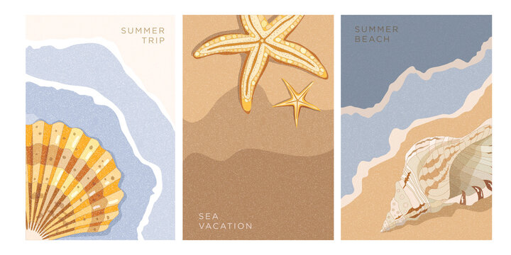 Set of templates for cards, banners on the theme of summer, sea and vacation. Shells, waves and sand. Can be used for invitations, banners in social networks, promotions. Vector illustration