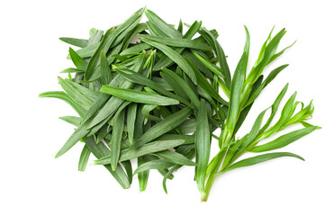 Tarragon leaves isolated on white background. Artemisia dracunculus. top view