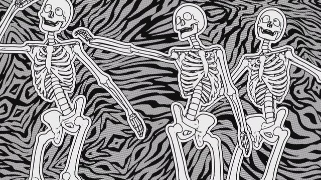 Seamless animation of a dancing skeletons printed drawn style cartoon on a zebra backdrop. Funny halloween background with marker stroke effect in black and white.