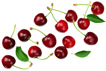 cherry with green leaf isolated on white background. Top view