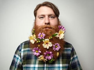 A man with a beautiful red hair and a red beard on the gray background. A bearded man with a decorated beard for the holiday. Flower in the beard.