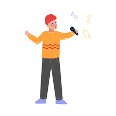 Boy Singing with Microphone, Talented Teenager Character Performing in Concert, Singing Karaoke Vector Illustration