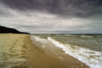 Landscape from above the Baltic sea. Cloudy and windy day, rough sea.