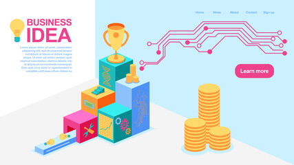 Concept realization of an idea into a successful business process. Economic project, website template for a designer. The light bulb turns into a victory and a cup. Flat isometric vector