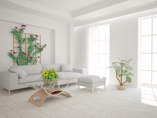 modern room with sofa and plants interior design. 3D illustration