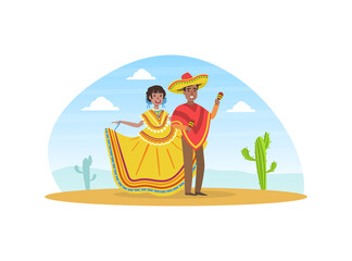 Obraz premium Mexican Couple Wearing National Traditional Clothes Standing on Desert Landscape Vector Illustration
