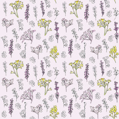 Seamless pattern of lavender flowers and some other potpourris on a pale violet background. Watercolor and liner hand-drawn elements. Elegant floral print for textile and any paper goods.