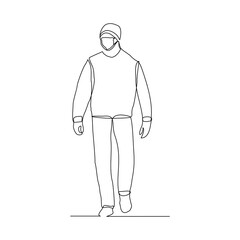 Continuous line drawing of man walking wear medical mask. Vector illustration