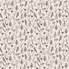 Seamless pattern with hand drawn herbs on a pale coffee background. Tiny details and fine lines create an elegant texture. Great for wrapping paper and fabric, for any season.