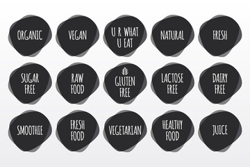 Organic, Vegan, Gluten, Sugar, Dairy, Lactose Free, Natural, Fresh, Raw, Healthy Food, Smoothie, Juice, Vegetarian icons. Vector set for design, menu, product sticker, label, symbol