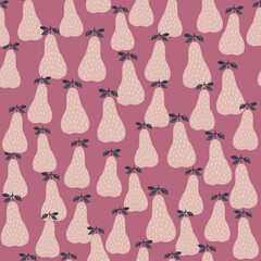 Doodle pears seamless pattern in pink background. Juicy fruit wallpaper.