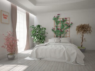 modern bedroom with plants interior design. 3D illustration