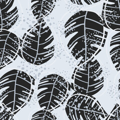 Abstract grunge jungle exotic monstera leaves seamless pattern. Tropical leaf wallpaper.