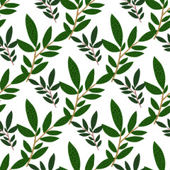 Geometric hand drawn forest foliage branches seamless pattern. Botanical background. Twigs and leaves wallpaper.
