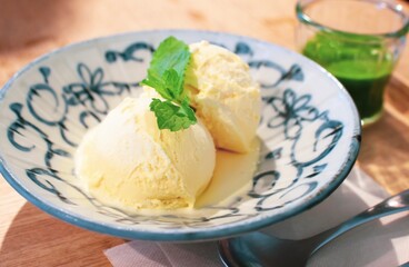 vanilla ice cream on a white plate with mint on top