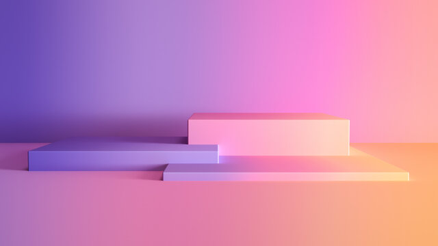 3D rendered gradient cubes in soft pastel colors. Geometric shapes composition with empty space for product design show. Minimalistic banner background.