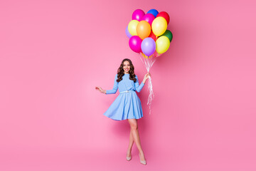Full length body size view of her she nice attractive lovely stunning cheerful wavy-haired lady holding in hand bunch air balls congrats anniversary jubilee isolated pink pastel color background