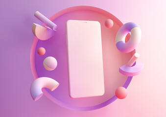 3d render abstract pink and purple gradient composition. Flying geometric objects and smartphone. Device screen on modern minimal background for presentation or application design show. 