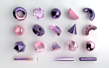 Set of realistic 3d geometric shapes on white background. Purple and pink gemstones and violet metallic elements. Spheres, hexagons, cones, tubes, torus elements in transparent gradient design. 
