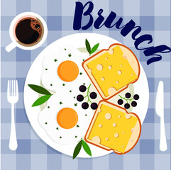 What a typical breakfast plate looks like. English breakfast: tasty bacon, fried eggs with green parsley on white plate. Top view on a tablecloth background