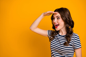 Close-up portrait of her she nice attractive lovely pretty cheerful cheery wavy-haired girl searching friend new opportunity isolated on bright vivid shine vibrant yellow color background