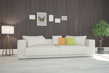 modern room with sofa,lamp and plants interior design. 3D illustration