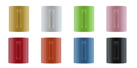 Set of standard colored cups on white background.

