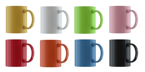 Set of standard colored cups on white background.
