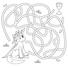 Labyrinth. Maze game for kids. Help cartoon dragon find path to his treasure (gold goblet). White and black vector illustration for coloring book.