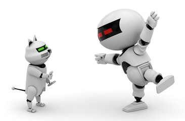 Fototapeta premium Robot cat. 3d rendering illustration. Isolated on white. Kitten 3d. Droid. 3d render. White cat. Robotic pet. Humanoid. Cyborg. Pet shop. Modern technology. Future. Animal. Mechanical. Futuristic.