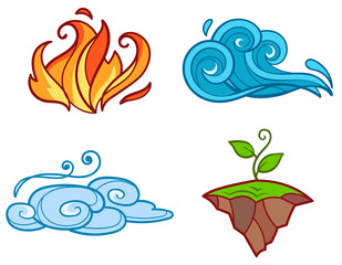 Four elements in cartoon style. Fire, Water, Air and Earth.