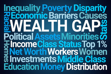 Wealth Gap Word Cloud on Blue Background