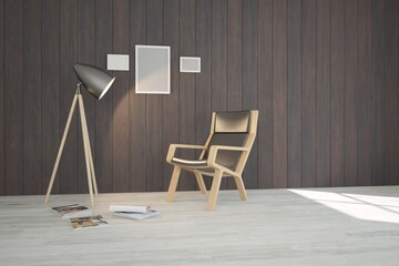 modern empty room with chair and lamp interior design. 3D illustration