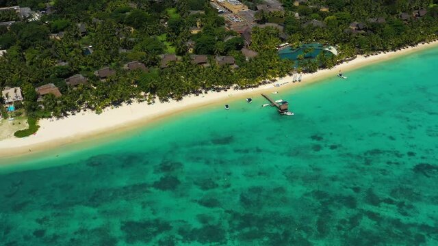 Flying on the Coast Line of the Ocean on the Drone. Amazing  Trou aux Biches, Mauritius