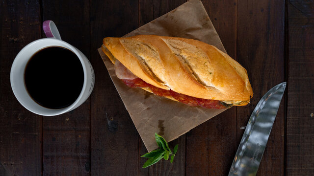 Salami Baguette Sandwich With Coffe