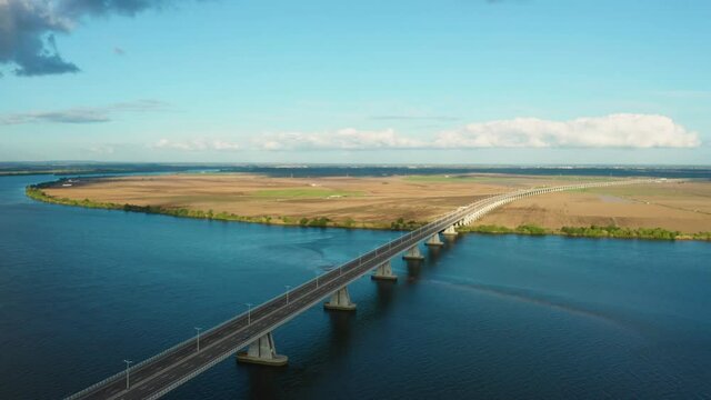 Aerial shot of a bridge crossing river tagus in portugal