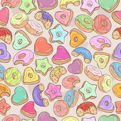 Donuts pattern. Colorful yummy donuts background. Sweets, delicious food illustration. Bakery shop,cafe wallpaper. Color doughnut different color and shape. Donuts print. Doughnut with glaze. 
