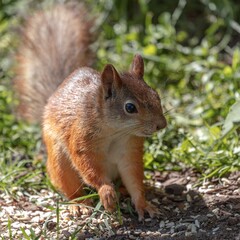 Red squirrel, small animal with a fluffy tail, Squirrel hides nuts