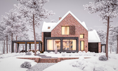 3d rendering of modern cozy clinker house on the ponds with garage and pool for sale or rent with beautiful landscaping on background. Cool winter evening with warm cozy light inside.