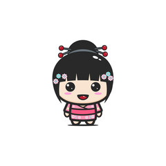 Kokesh Japanese national doll in a pink kimono patterned with cherry blossoms. Vector illustration on white background. A character in a cartoon style. Isolated.