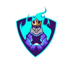 King wizard wearing a robe with old man face holding a magical ball esport logo suitable for team logo and mascot logo