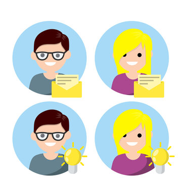 Set of avatars of man in circle for social network. Conception of idea and light bulb. Guy and young boy. Human head. Delivery of letters and messages. Yellow envelope icon