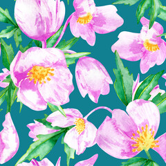 Watercolor floral seamless print with pink flowers on a blue background.